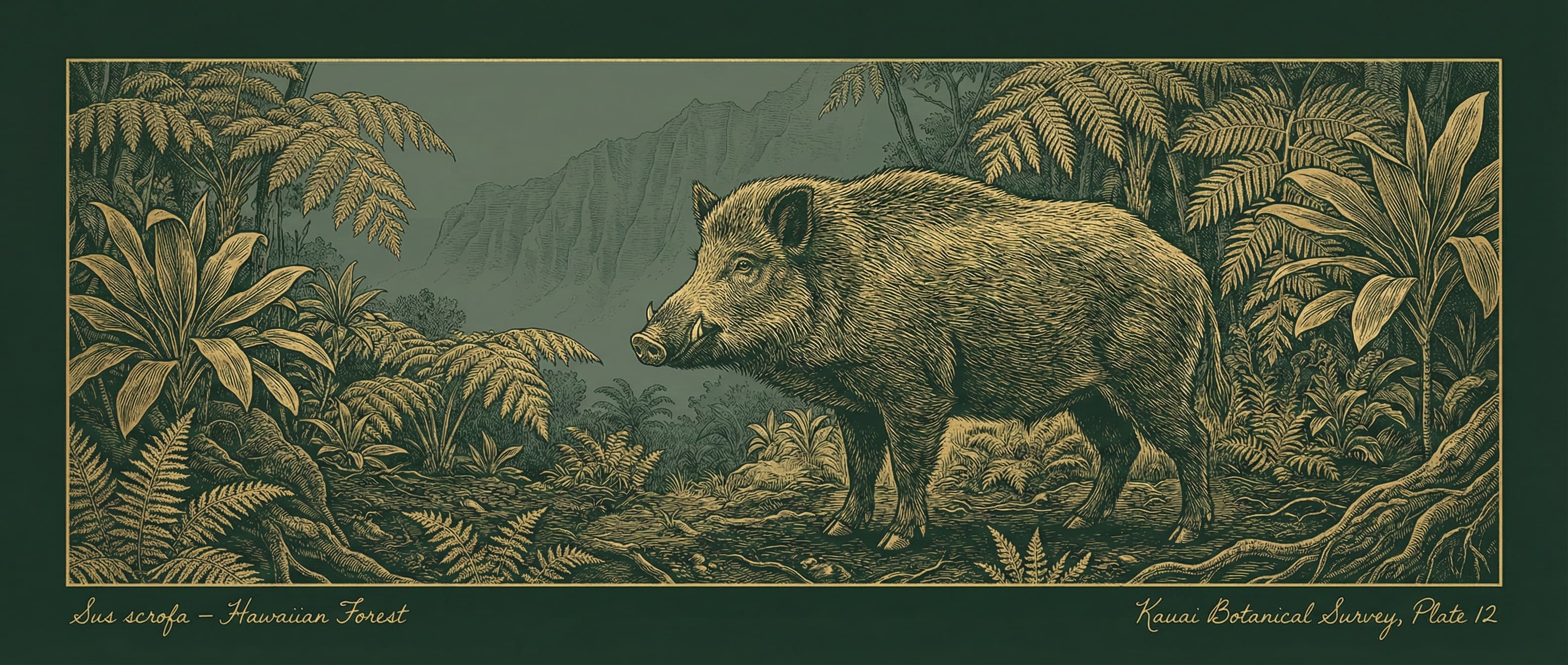 Illustration of a wild boar in Hawaiian forest — Kauai Botanical Survey